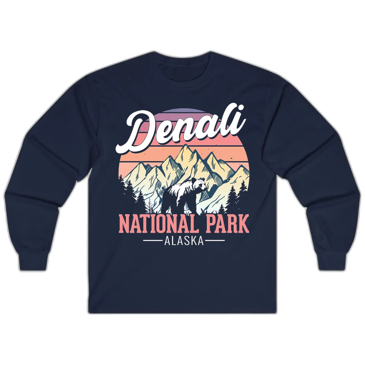 Vintage-style Denali National Park illustration featuring a bear in snowy mountains with retro sunset stripes and evergreen trees in Navy