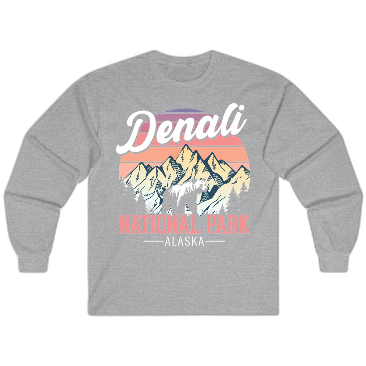 Vintage-style Denali National Park illustration featuring a bear in snowy mountains with retro sunset stripes and evergreen trees in Sport Grey