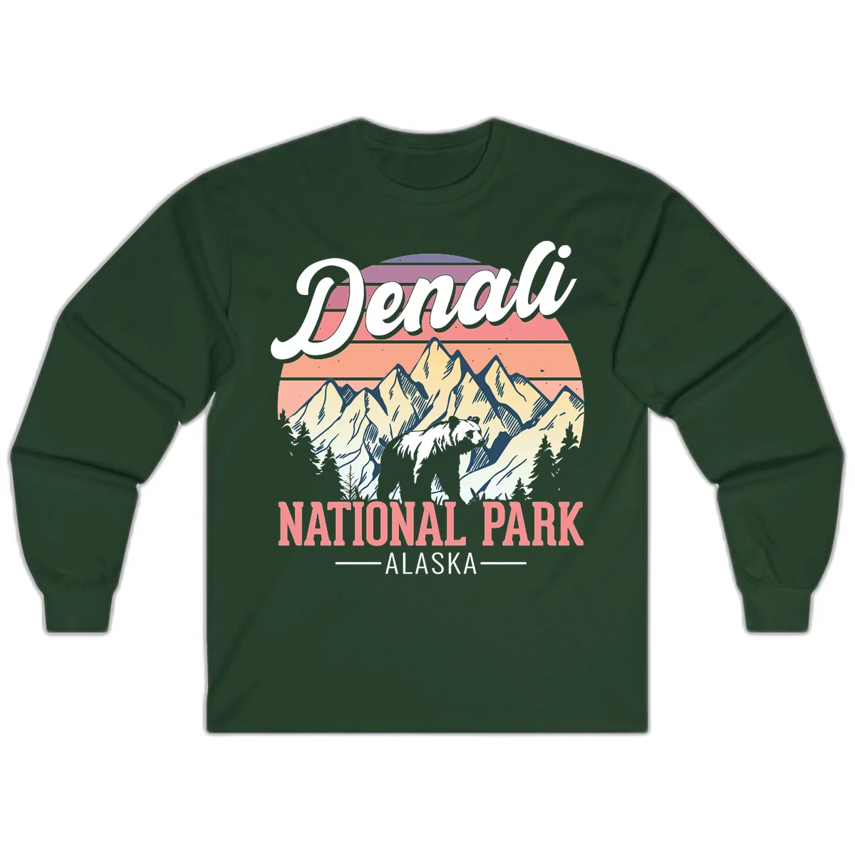 Vintage-style Denali National Park illustration featuring a bear in snowy mountains with retro sunset stripes and evergreen trees in Forest Green