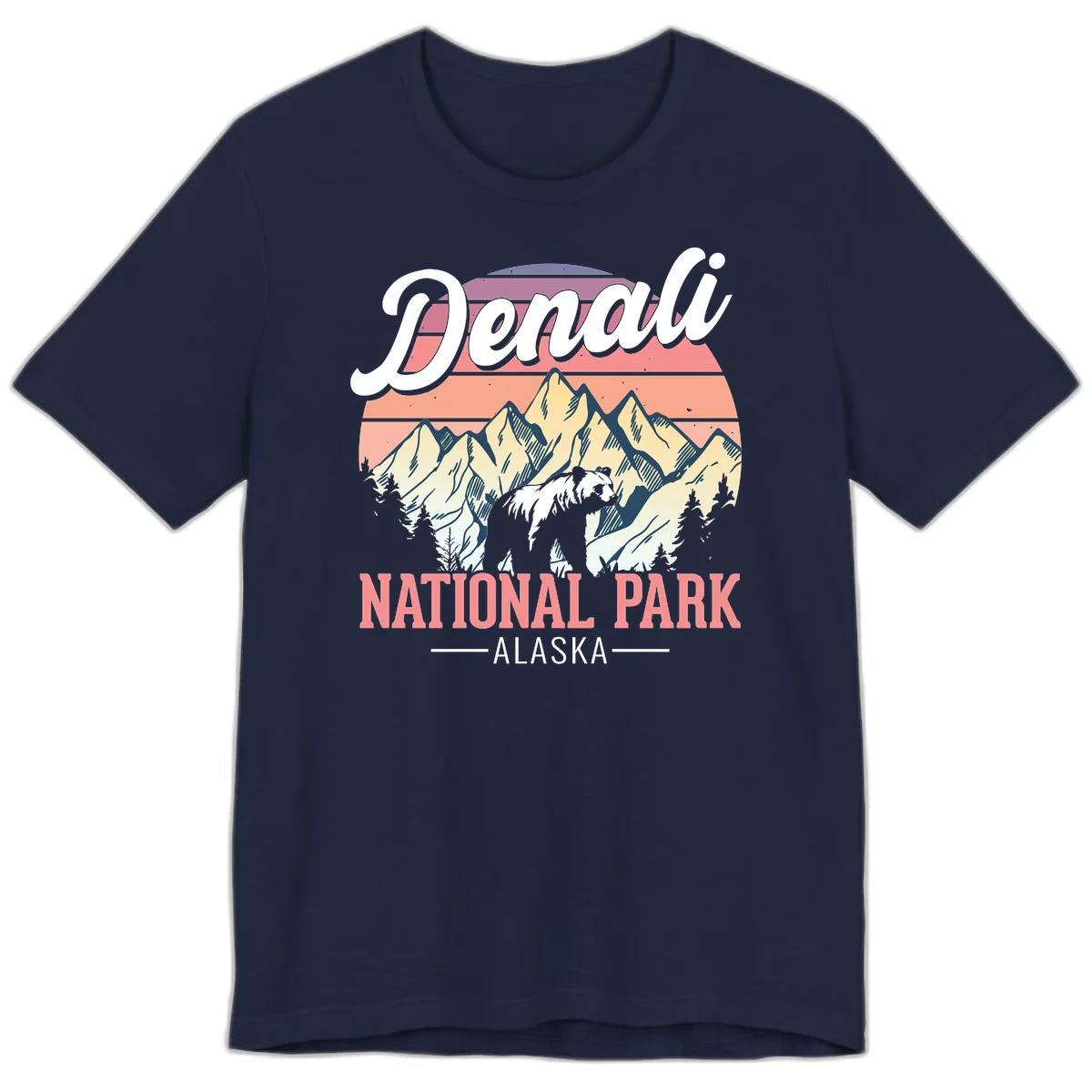 Vintage-style Denali National Park illustration featuring a bear in snowy mountains with retro sunset stripes and evergreen trees in Navy