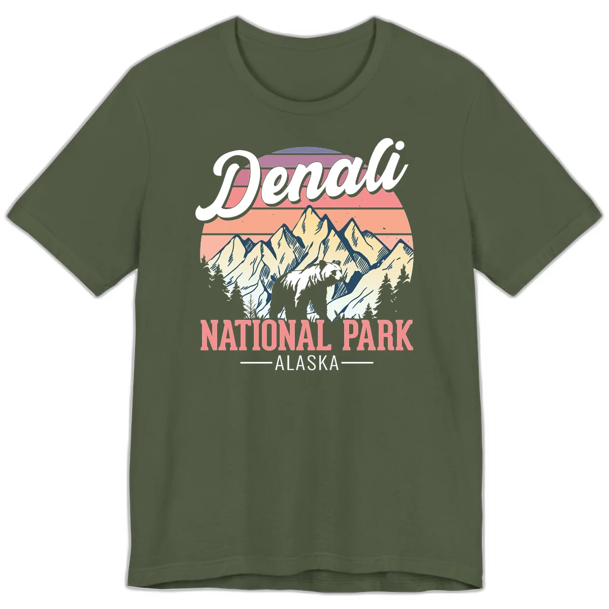 Vintage-style Denali National Park illustration featuring a bear in snowy mountains with retro sunset stripes and evergreen trees in Military Green