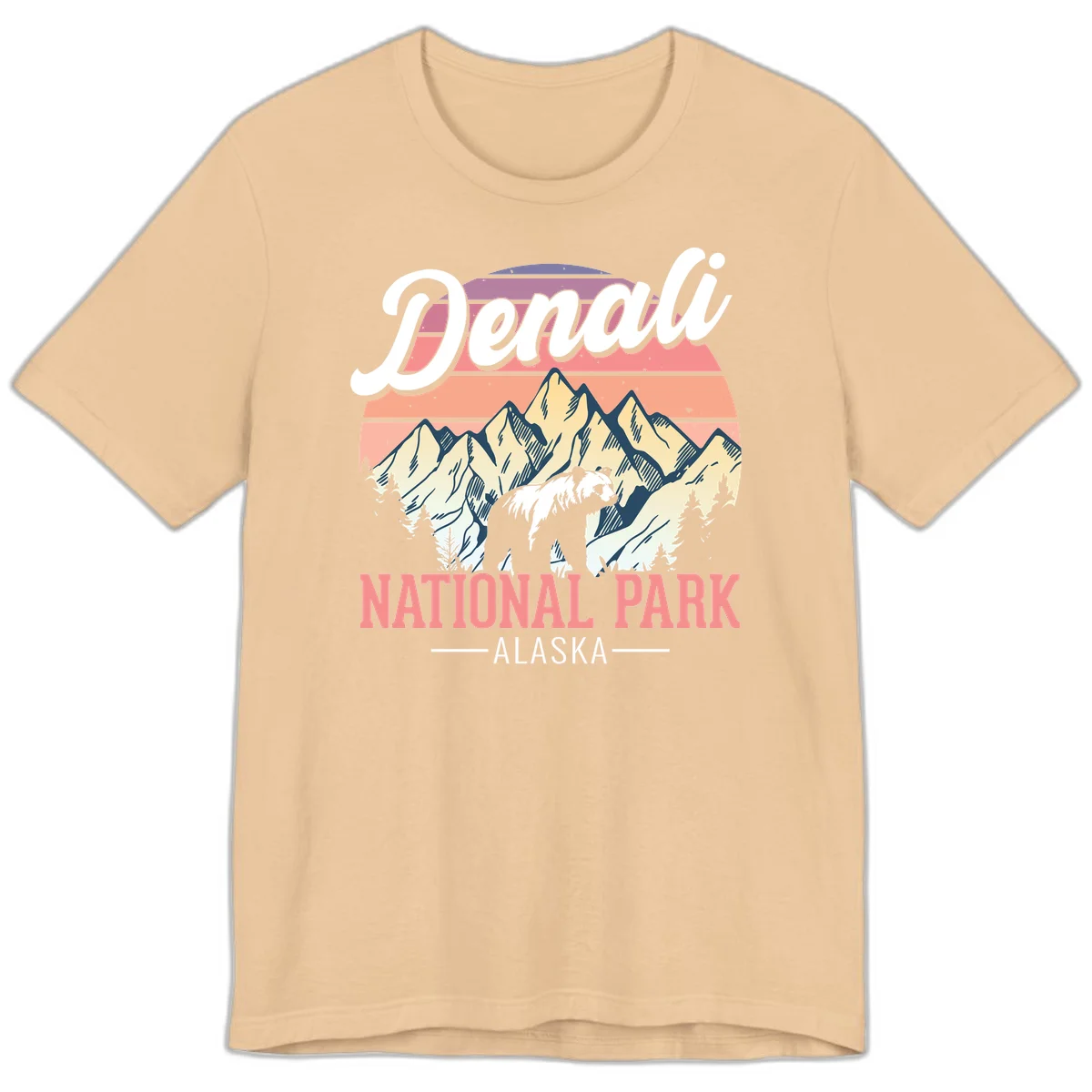 Vintage-style Denali National Park illustration featuring a bear in snowy mountains with retro sunset stripes and evergreen trees in Sand Dune