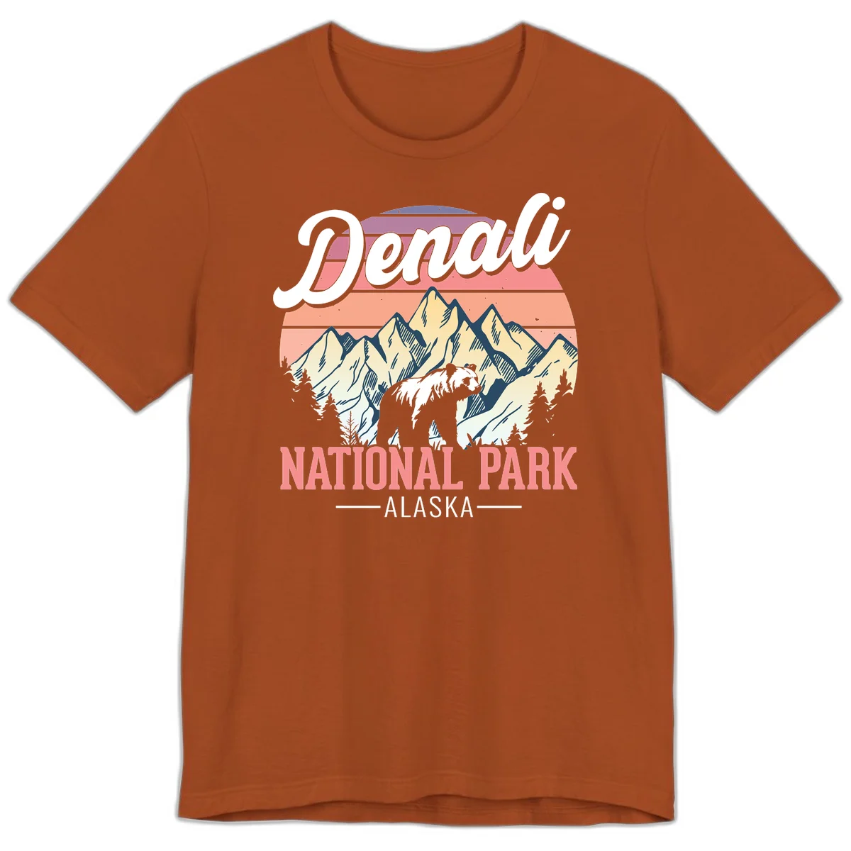 Vintage-style Denali National Park illustration featuring a bear in snowy mountains with retro sunset stripes and evergreen trees in Autumn