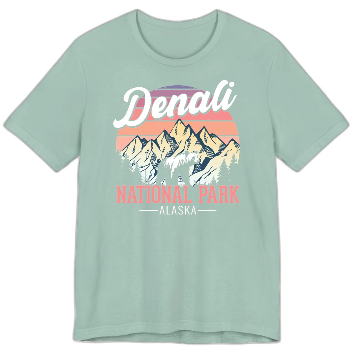 Vintage-style Denali National Park illustration featuring a bear in snowy mountains with retro sunset stripes and evergreen trees in Dusty Blue