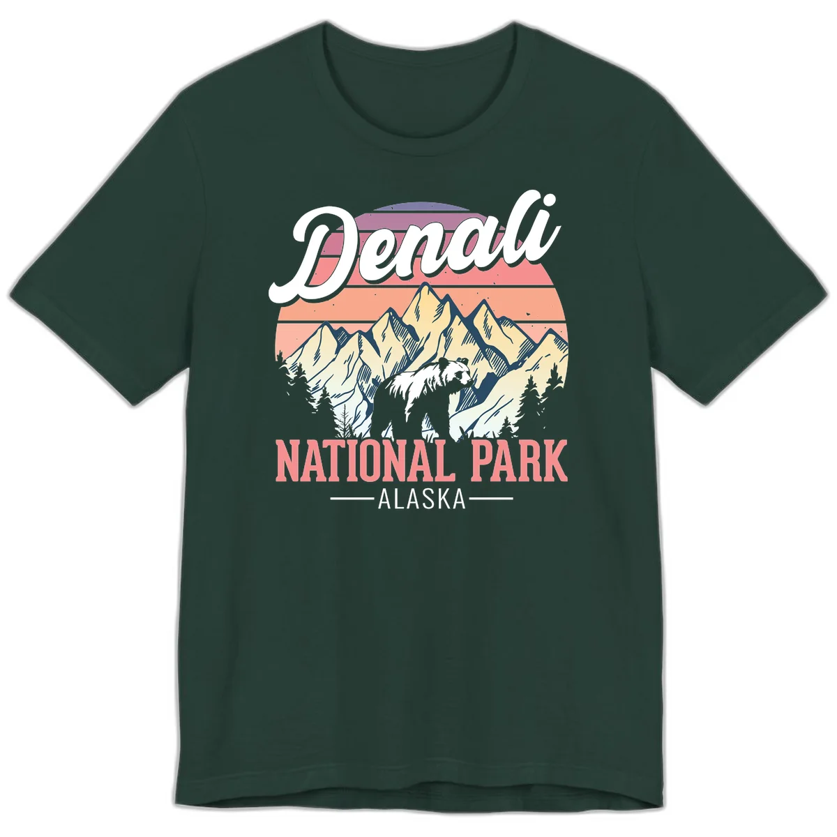 Vintage-style Denali National Park illustration featuring a bear in snowy mountains with retro sunset stripes and evergreen trees in Forest