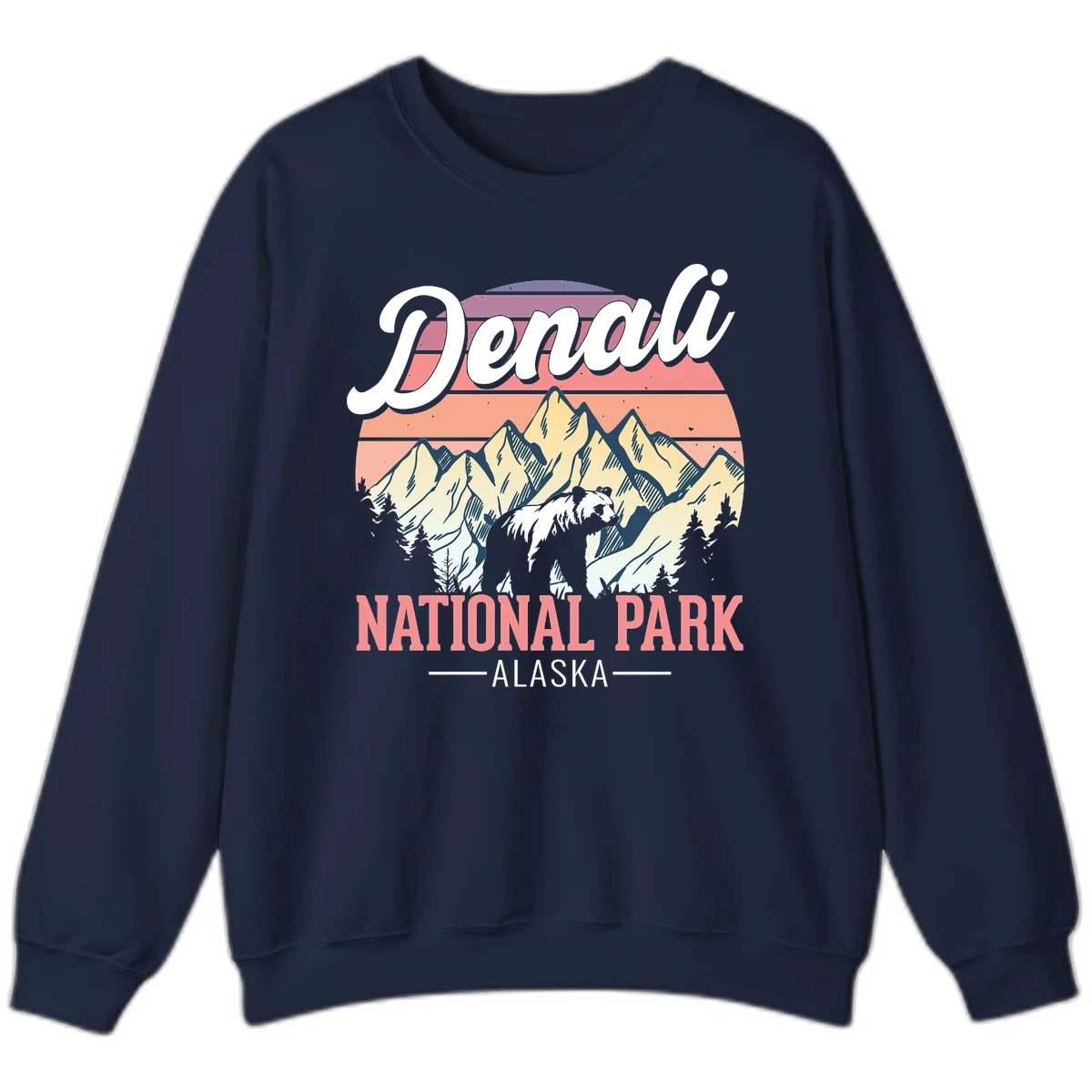 Vintage-style Denali National Park illustration featuring a bear in snowy mountains with retro sunset stripes and evergreen trees in Navy