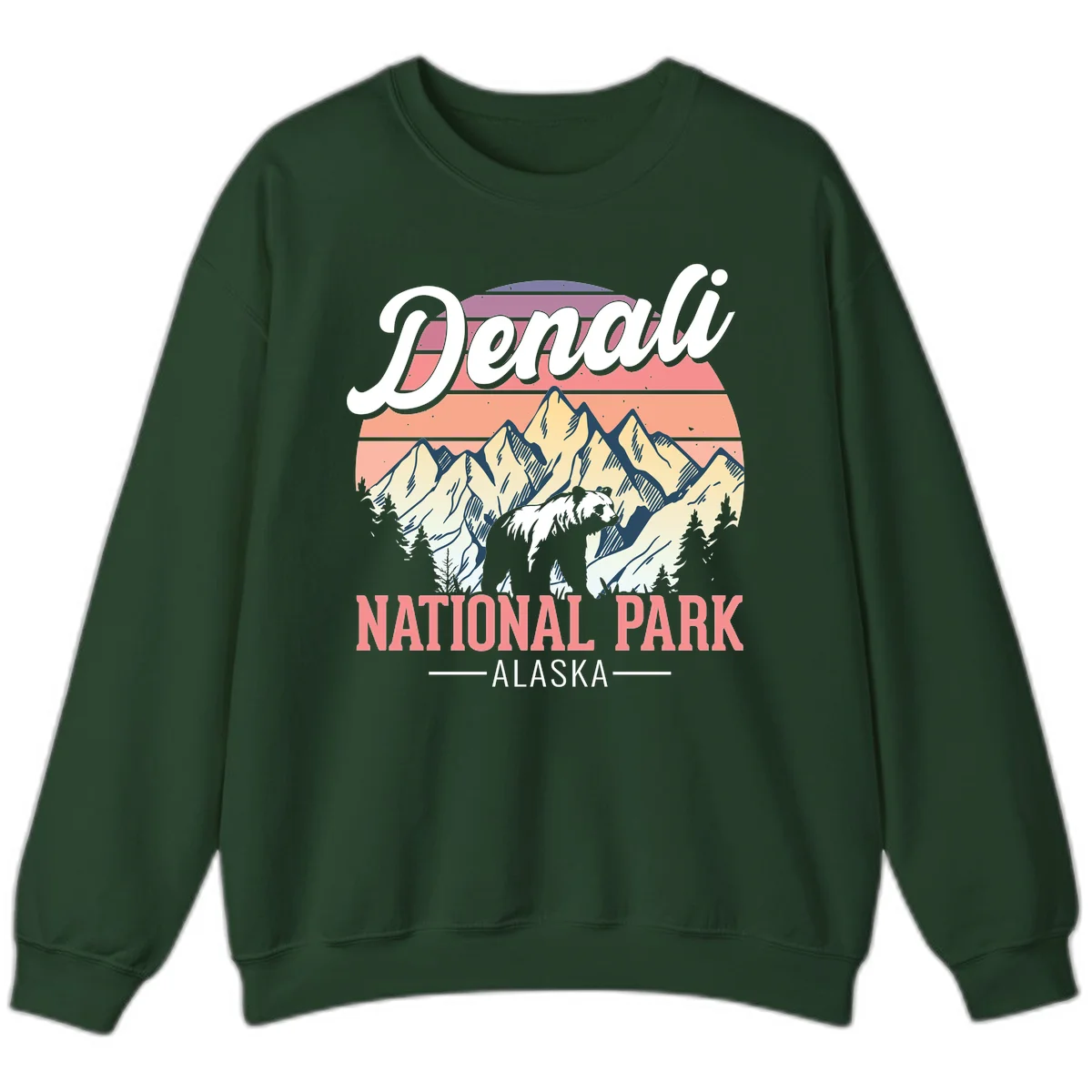 Vintage-style Denali National Park illustration featuring a bear in snowy mountains with retro sunset stripes and evergreen trees in Forest Green