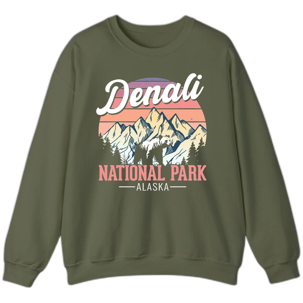 Vintage-style Denali National Park illustration featuring a bear in snowy mountains with retro sunset stripes and evergreen trees in Military Green