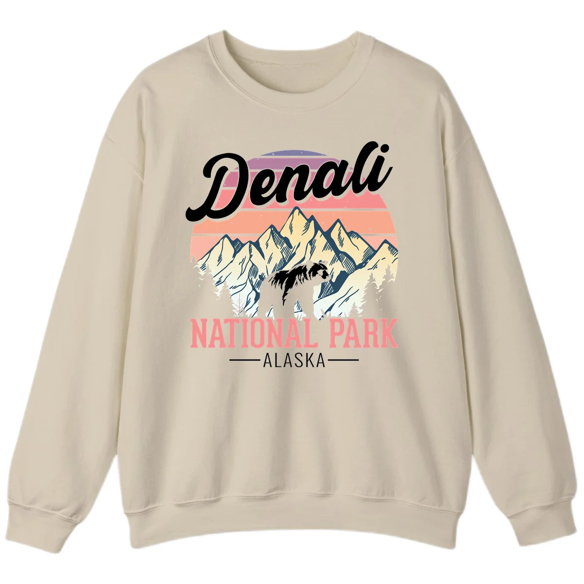 Vintage-style Denali National Park illustration featuring a bear in snowy mountains with retro sunset stripes and evergreen trees in Sand