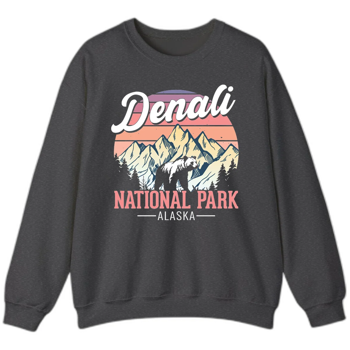 Vintage-style Denali National Park illustration featuring a bear in snowy mountains with retro sunset stripes and evergreen trees in Dark Heather