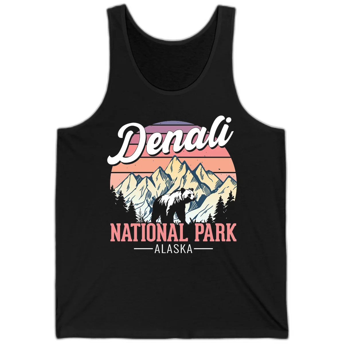 Vintage-style Denali National Park illustration featuring a bear in snowy mountains with retro sunset stripes and evergreen trees in Black