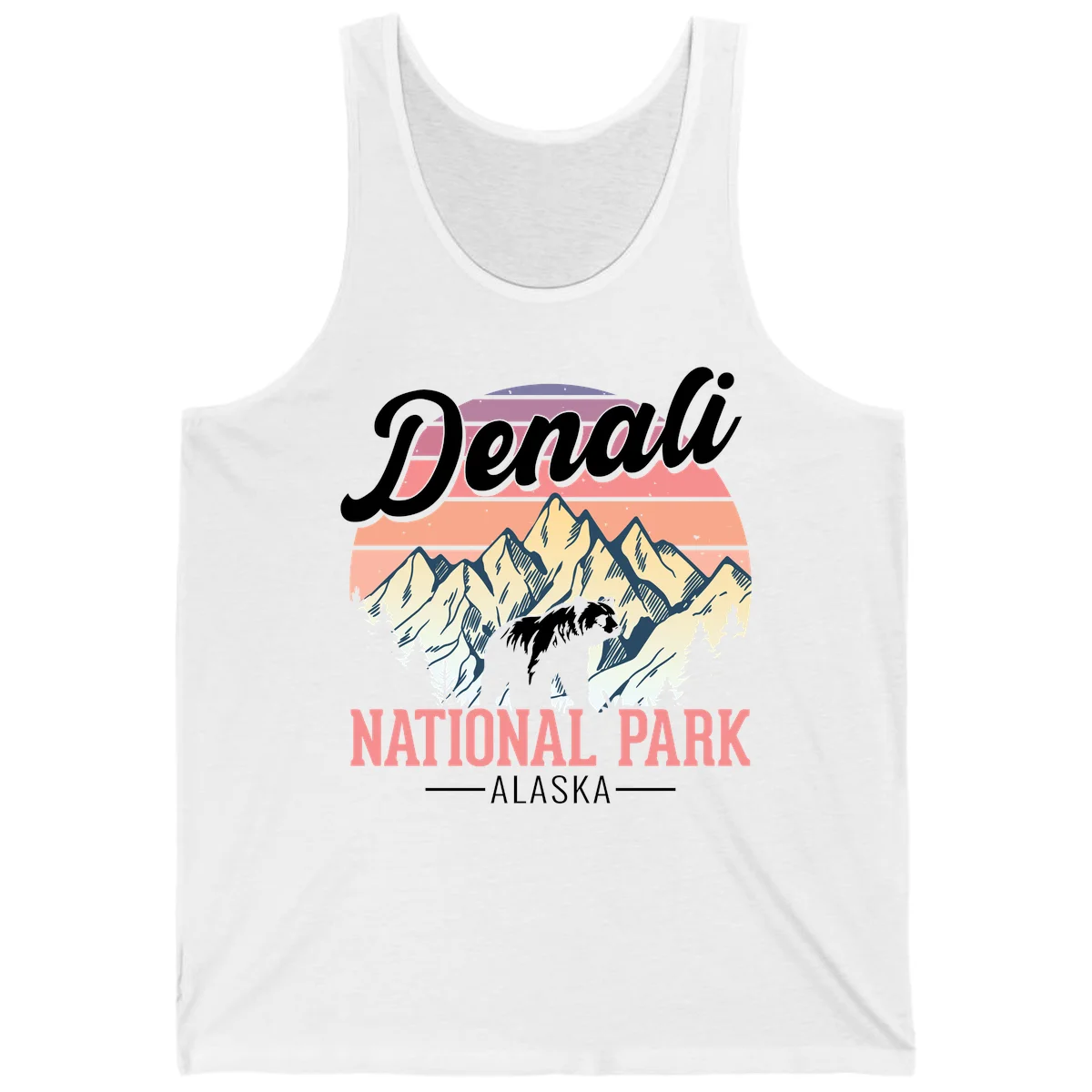Vintage-style Denali National Park illustration featuring a bear in snowy mountains with retro sunset stripes and evergreen trees in White