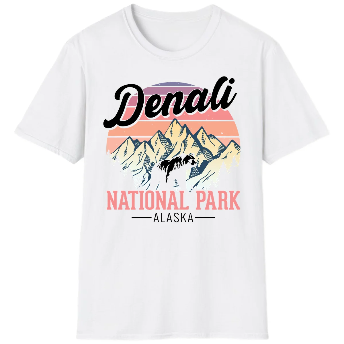 Vintage-style Denali National Park illustration featuring a bear in snowy mountains with retro sunset stripes and evergreen trees in White