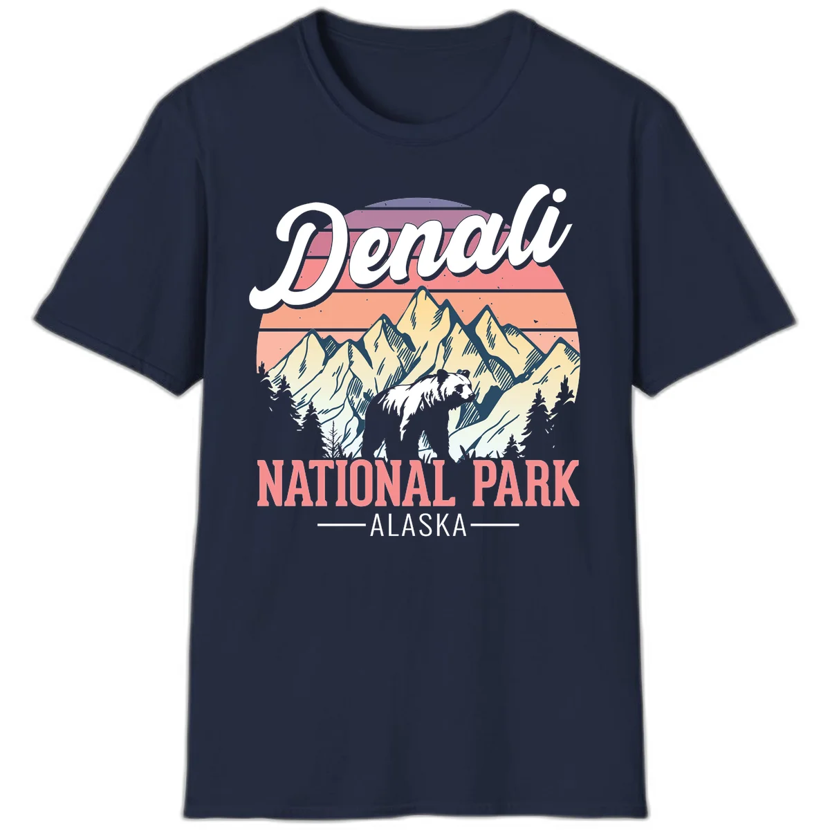Vintage-style Denali National Park illustration featuring a bear in snowy mountains with retro sunset stripes and evergreen trees in Navy