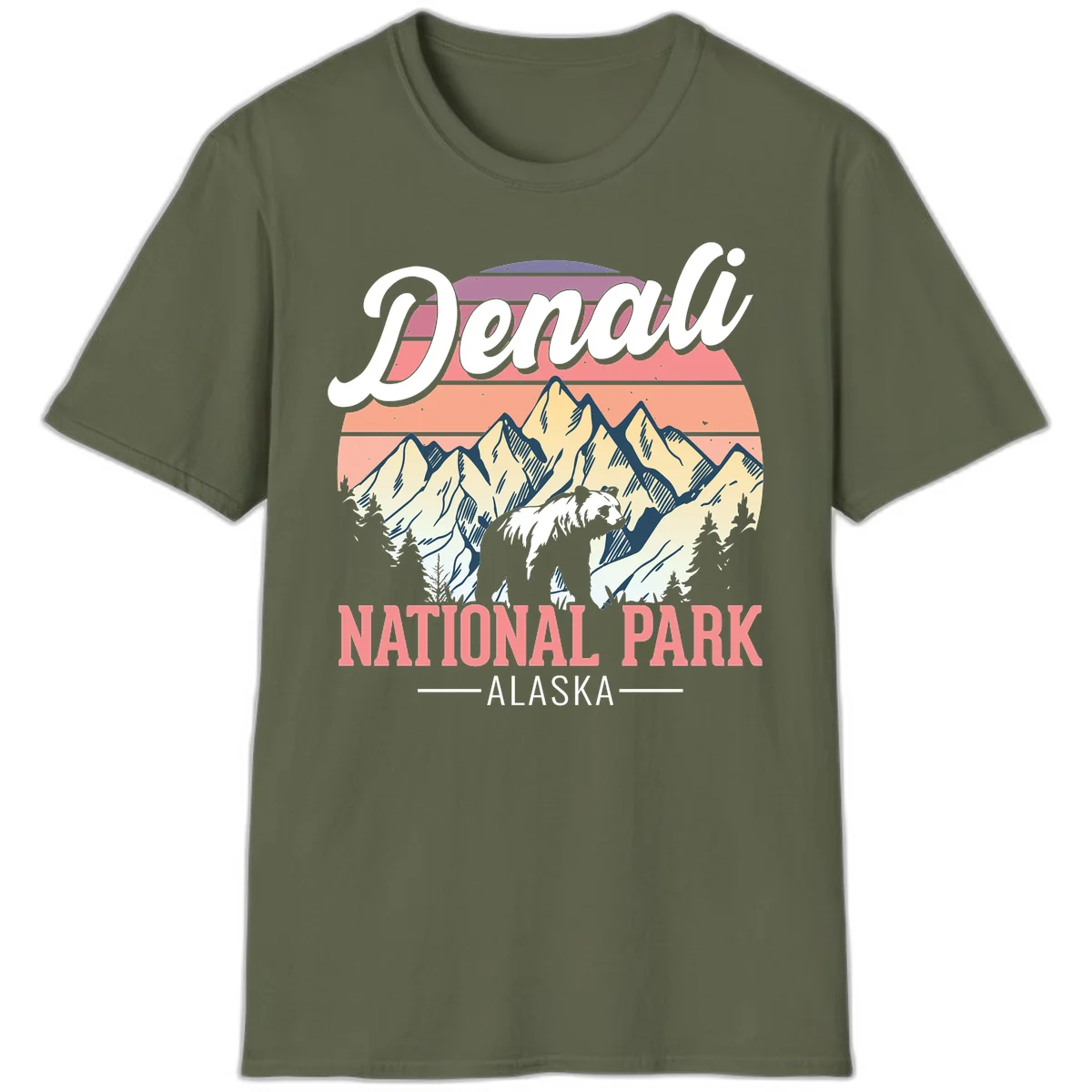 Vintage-style Denali National Park illustration featuring a bear in snowy mountains with retro sunset stripes and evergreen trees in Military Green