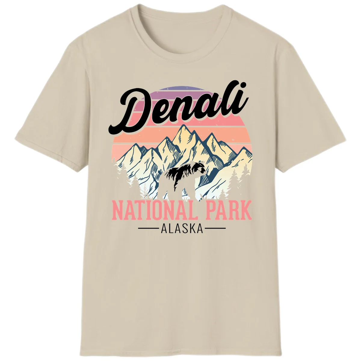 Vintage-style Denali National Park illustration featuring a bear in snowy mountains with retro sunset stripes and evergreen trees in Sand