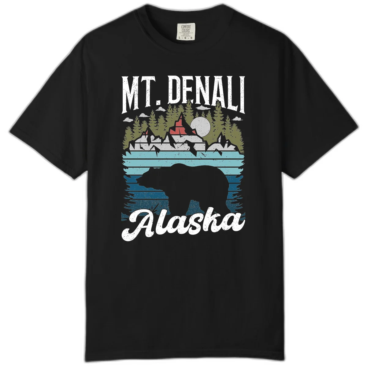 Denali bear Alaska design: layered illustration with silhouetted bear emerging from water, mountain peaks, fortress, forest, and full moon. in Black