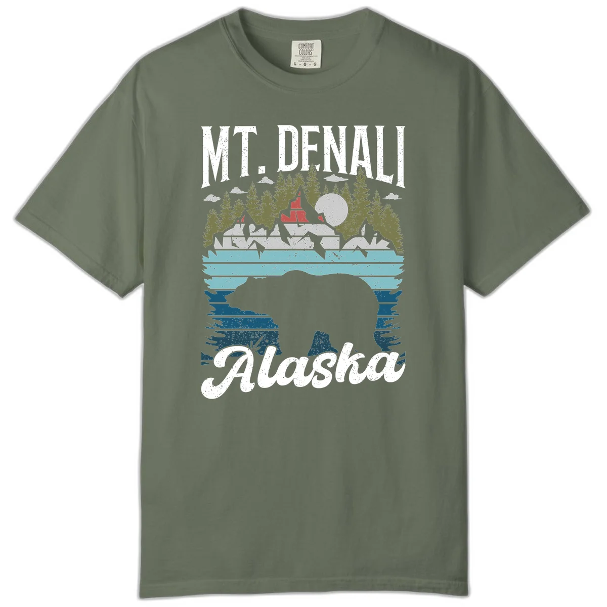 Denali bear Alaska design: layered illustration with silhouetted bear emerging from water, mountain peaks, fortress, forest, and full moon. in Moss