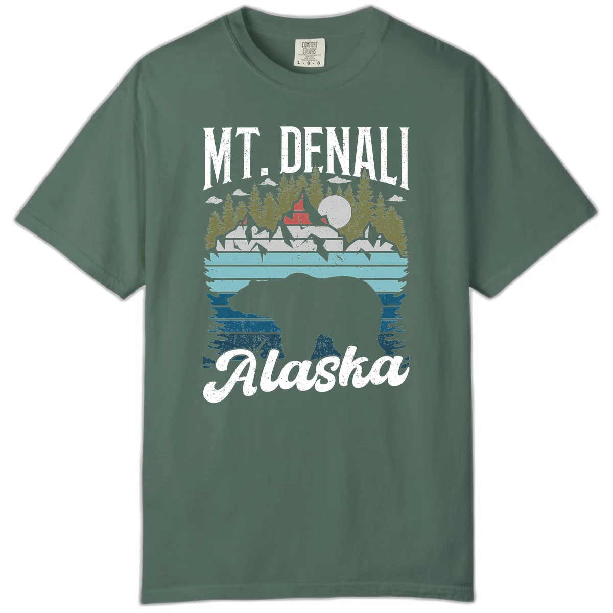 Denali bear Alaska design: layered illustration with silhouetted bear emerging from water, mountain peaks, fortress, forest, and full moon. in Blue Spruce
