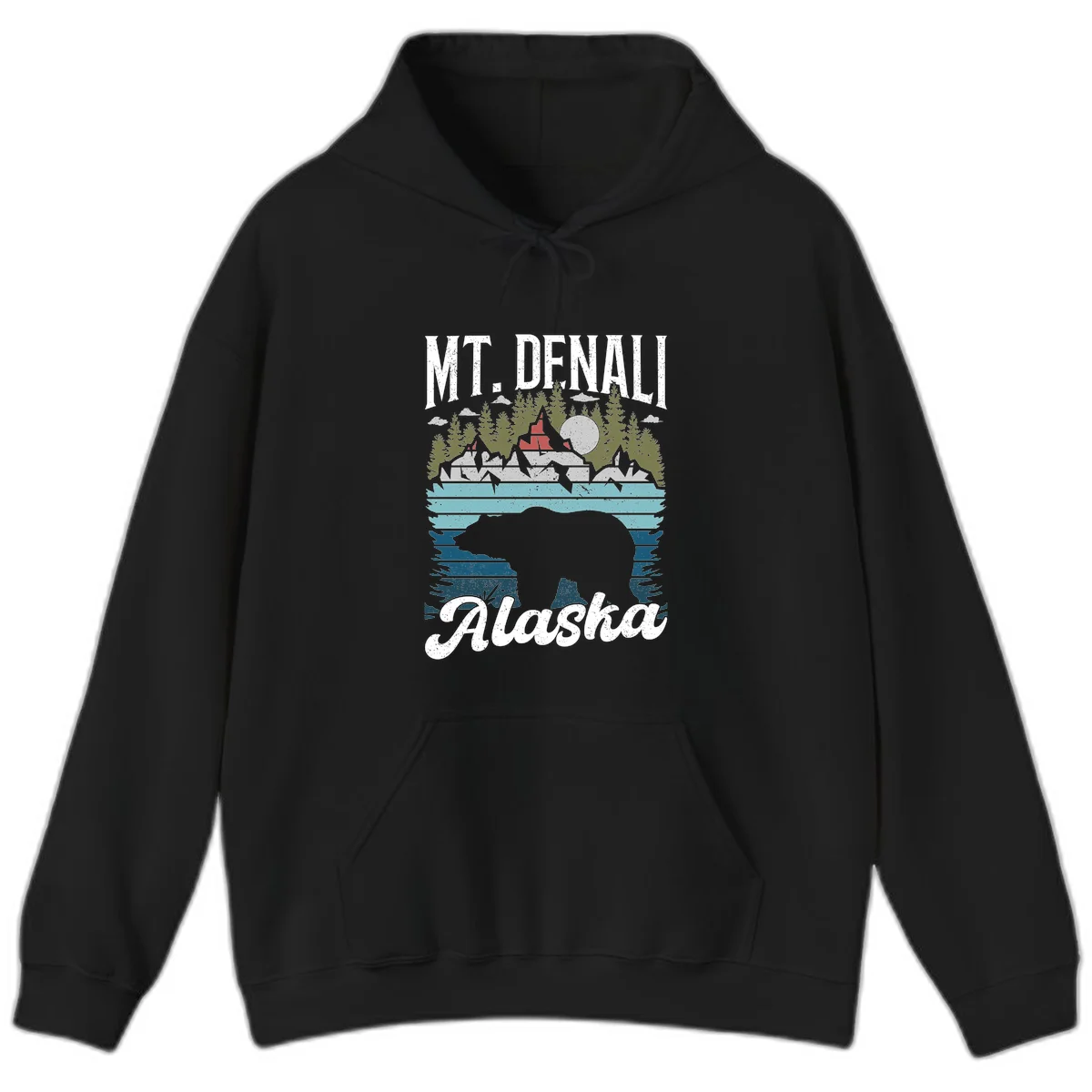 Denali bear Alaska design: layered illustration with silhouetted bear emerging from water, mountain peaks, fortress, forest, and full moon. in Black