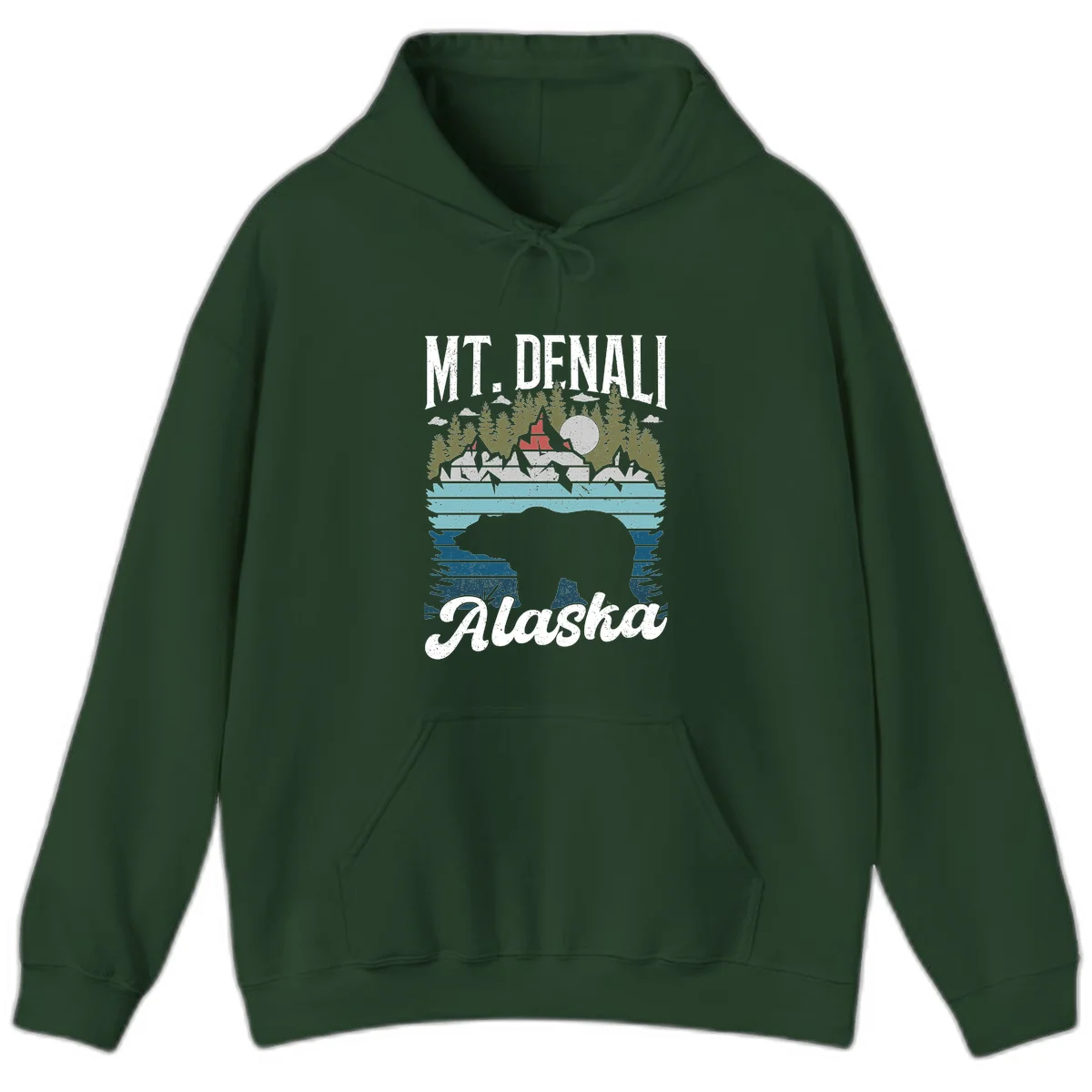 Denali bear Alaska design: layered illustration with silhouetted bear emerging from water, mountain peaks, fortress, forest, and full moon. in Forest Green