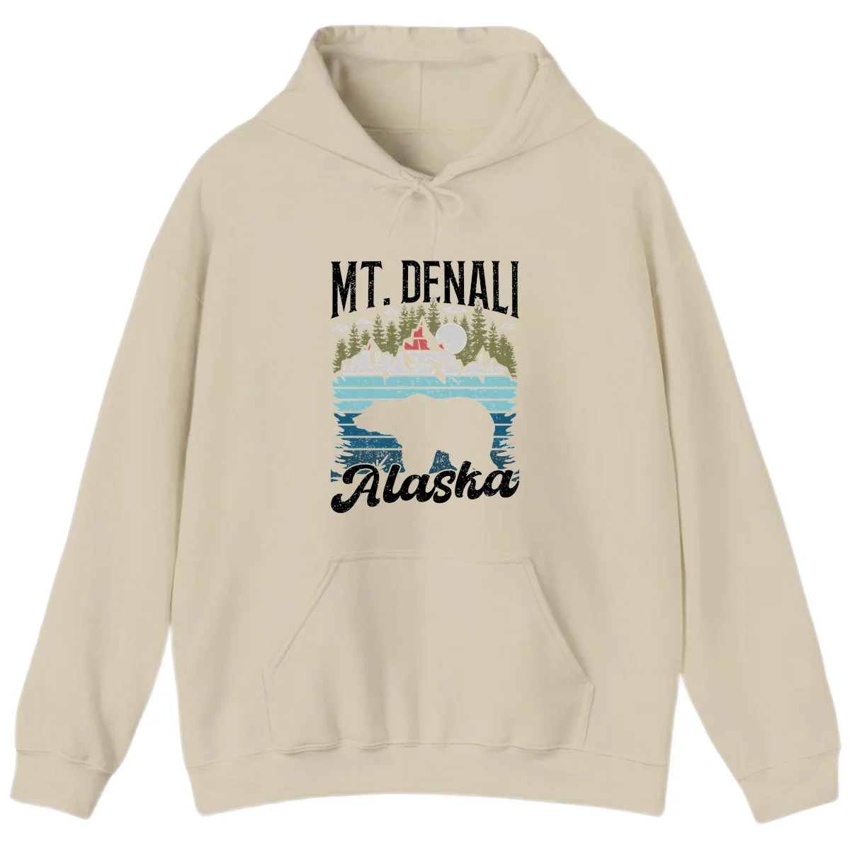 Denali bear Alaska design: layered illustration with silhouetted bear emerging from water, mountain peaks, fortress, forest, and full moon. in Sand