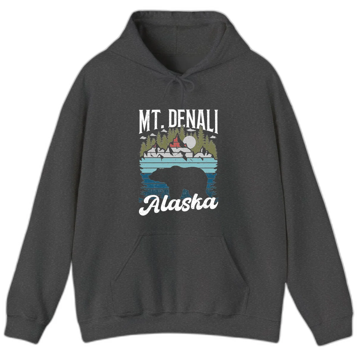 Denali bear Alaska design: layered illustration with silhouetted bear emerging from water, mountain peaks, fortress, forest, and full moon. in Dark Heather