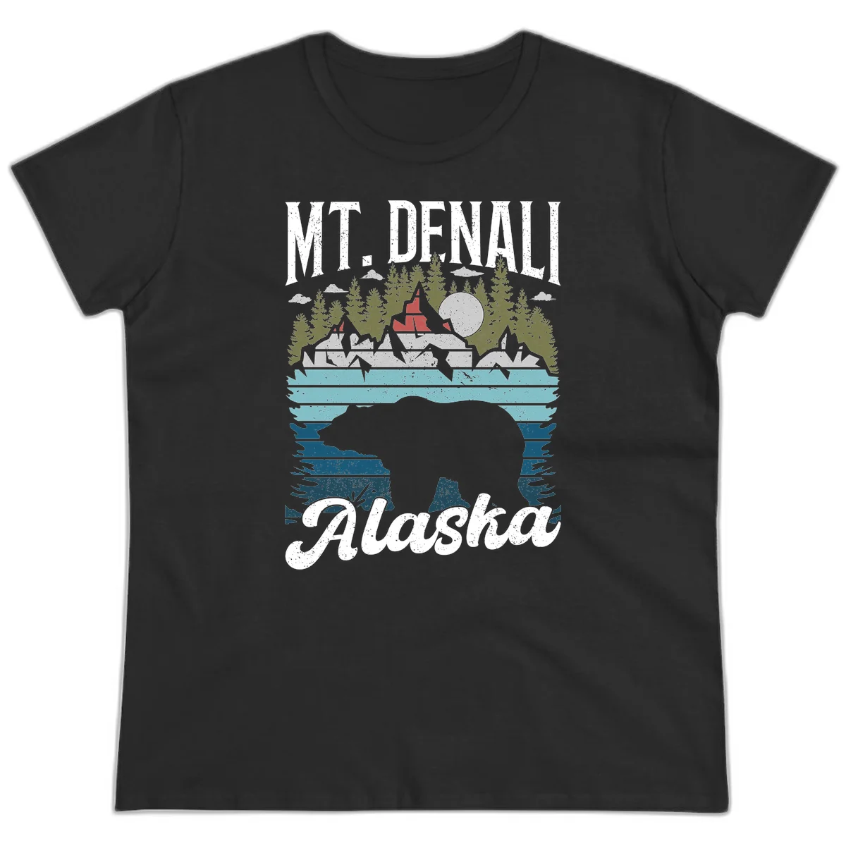 Denali bear Alaska design: layered illustration with silhouetted bear emerging from water, mountain peaks, fortress, forest, and full moon. in Black