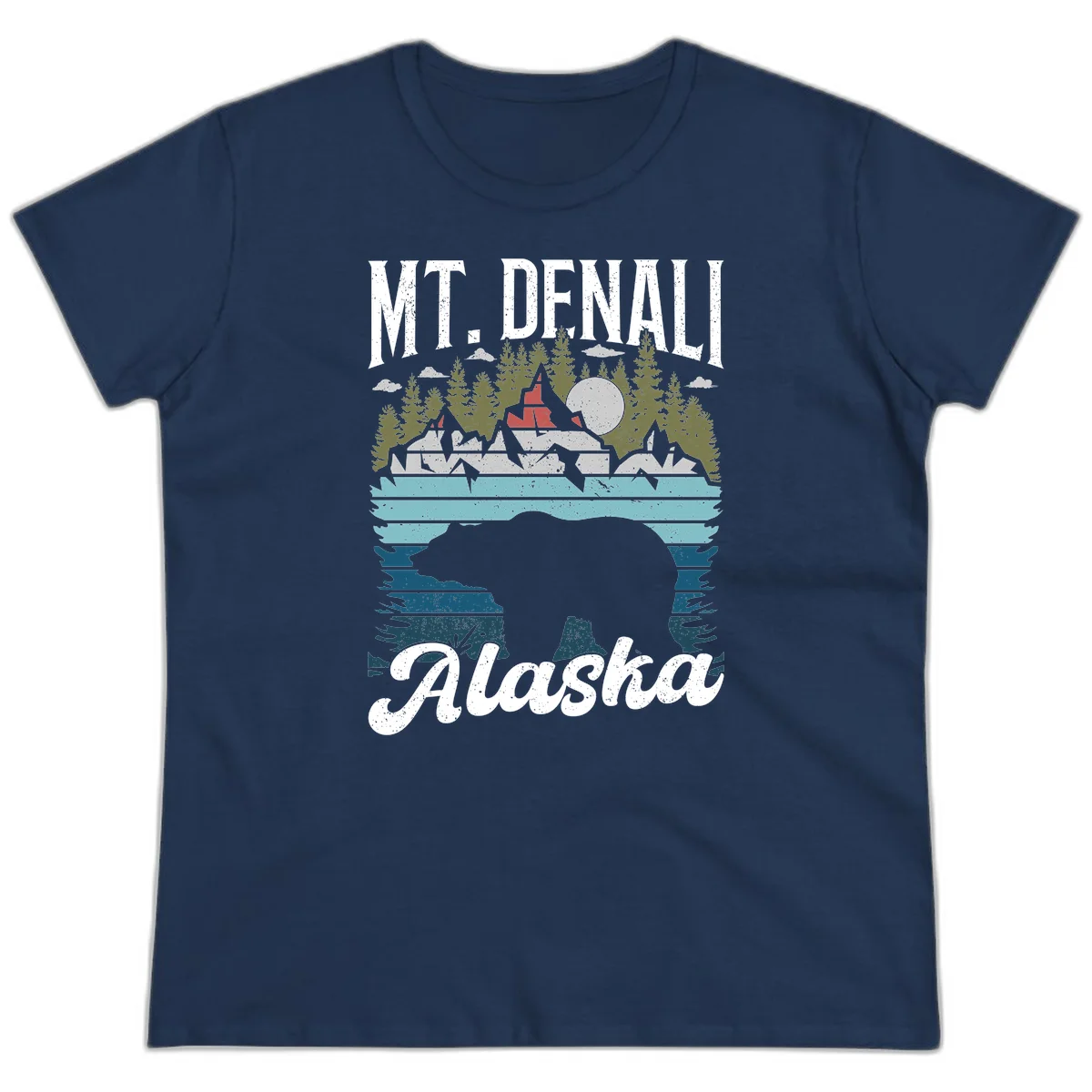 Denali bear Alaska design: layered illustration with silhouetted bear emerging from water, mountain peaks, fortress, forest, and full moon. in Navy
