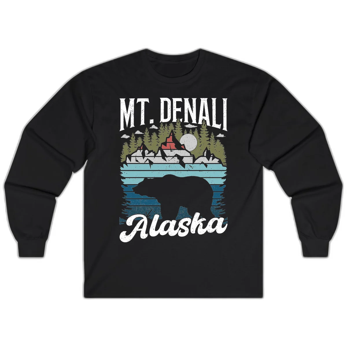 Denali bear Alaska design: layered illustration with silhouetted bear emerging from water, mountain peaks, fortress, forest, and full moon. in Black