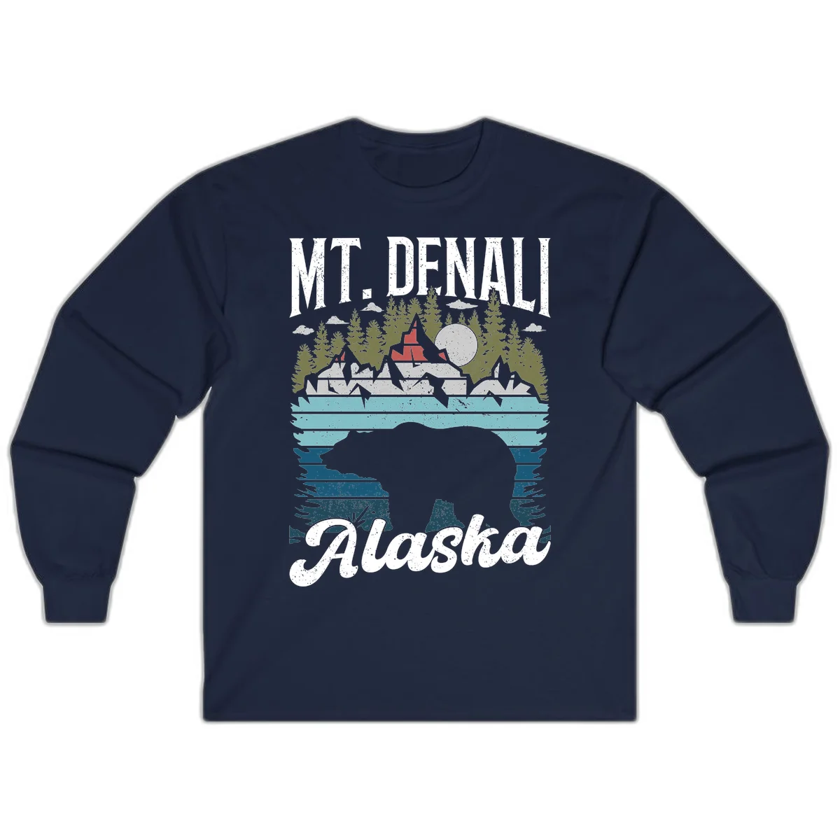 Denali bear Alaska design: layered illustration with silhouetted bear emerging from water, mountain peaks, fortress, forest, and full moon. in Navy