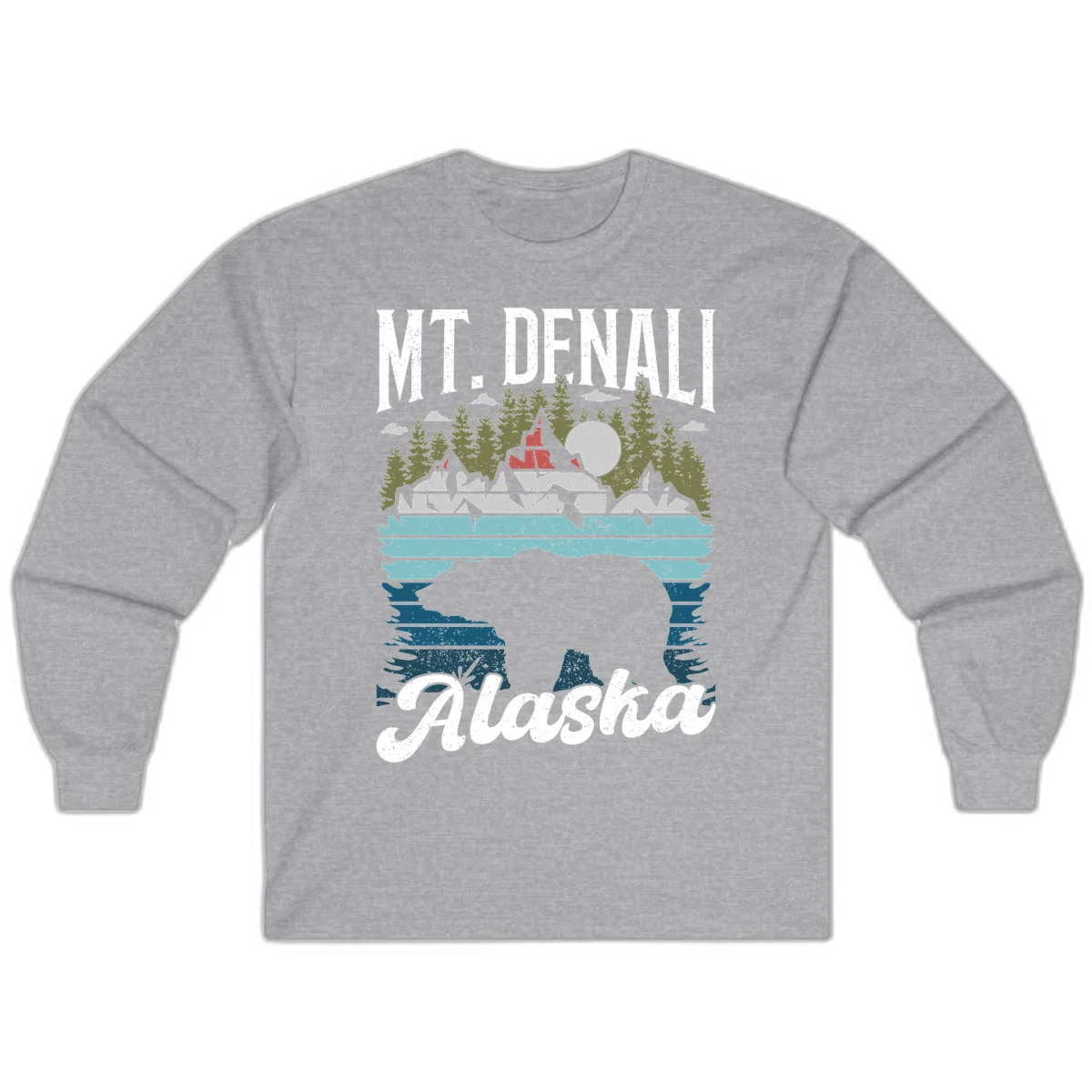 Denali bear Alaska design: layered illustration with silhouetted bear emerging from water, mountain peaks, fortress, forest, and full moon. in Sport Grey