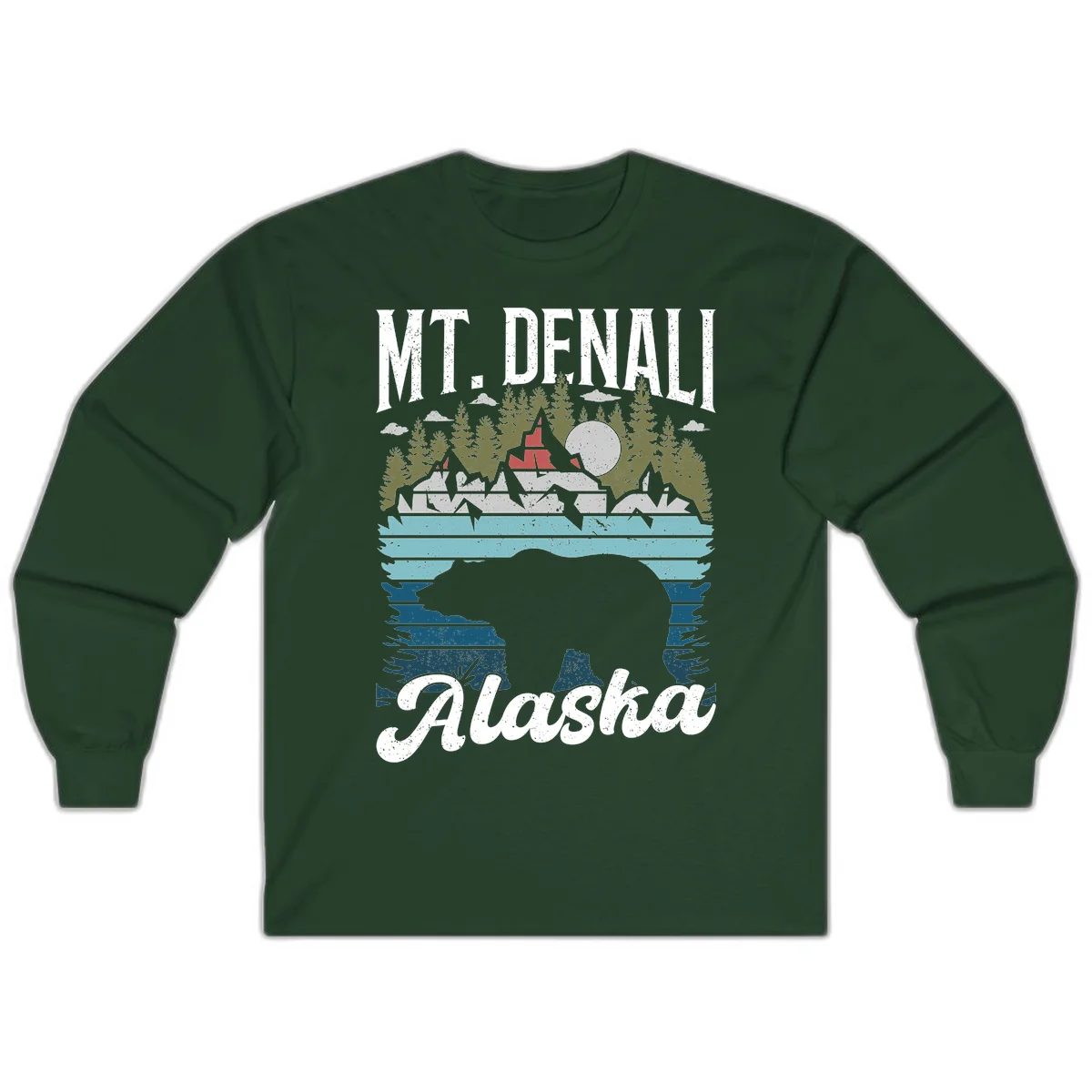 Denali bear Alaska design: layered illustration with silhouetted bear emerging from water, mountain peaks, fortress, forest, and full moon. in Forest Green