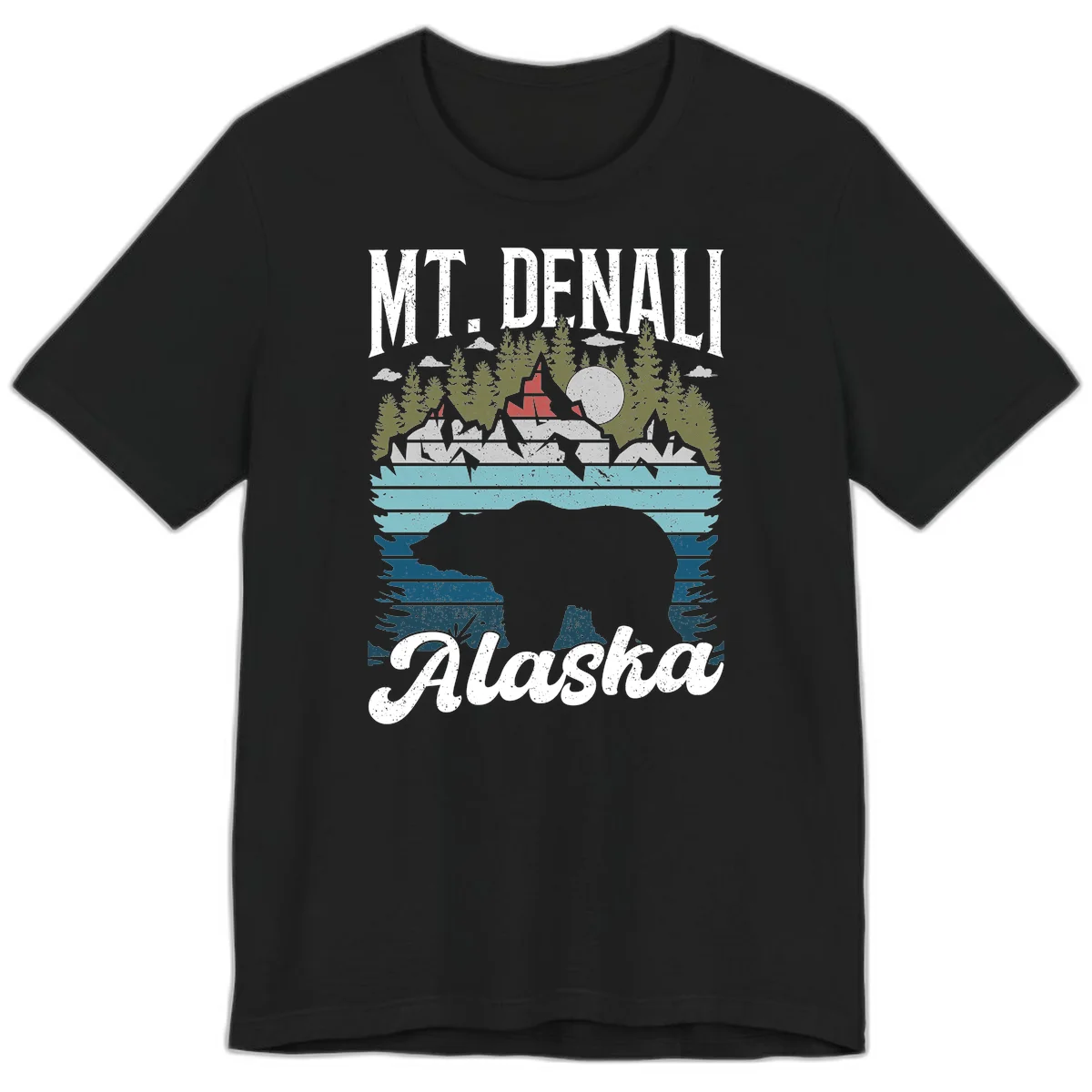 Denali bear Alaska design: layered illustration with silhouetted bear emerging from water, mountain peaks, fortress, forest, and full moon. in Black