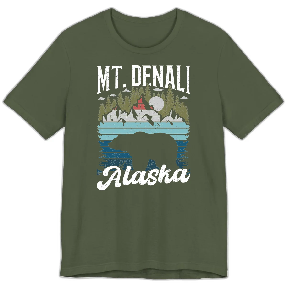 Denali bear Alaska design: layered illustration with silhouetted bear emerging from water, mountain peaks, fortress, forest, and full moon. in Military Green
