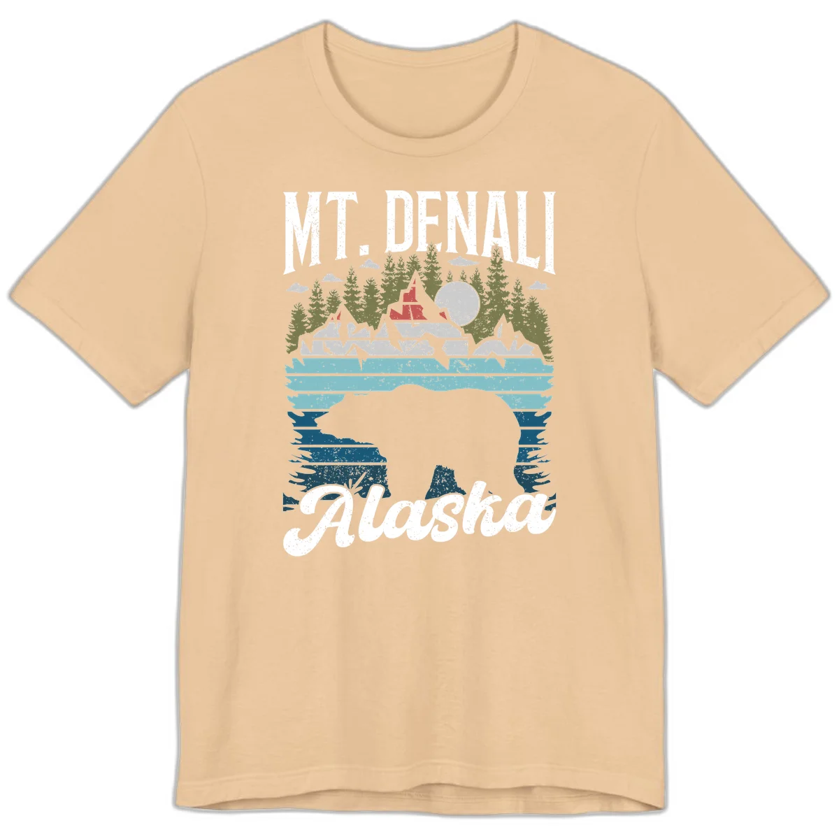 Denali bear Alaska design: layered illustration with silhouetted bear emerging from water, mountain peaks, fortress, forest, and full moon. in Sand Dune
