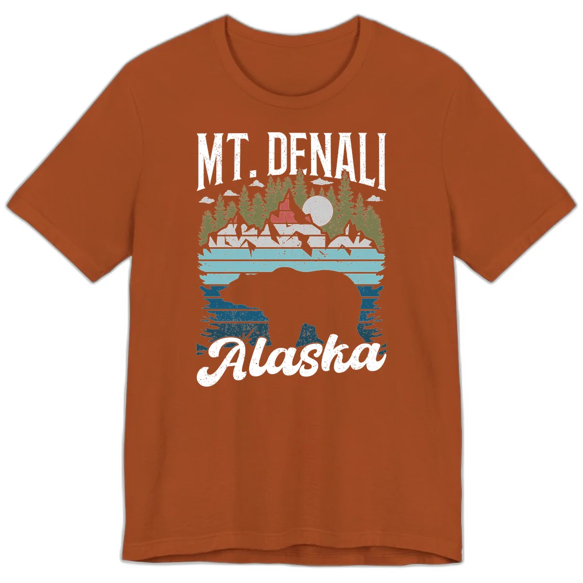 Denali bear Alaska design: layered illustration with silhouetted bear emerging from water, mountain peaks, fortress, forest, and full moon. in Autumn