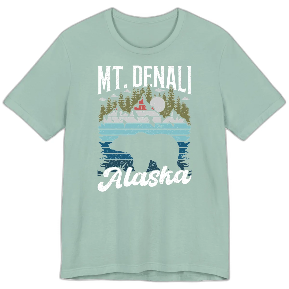 Denali bear Alaska design: layered illustration with silhouetted bear emerging from water, mountain peaks, fortress, forest, and full moon. in Dusty Blue