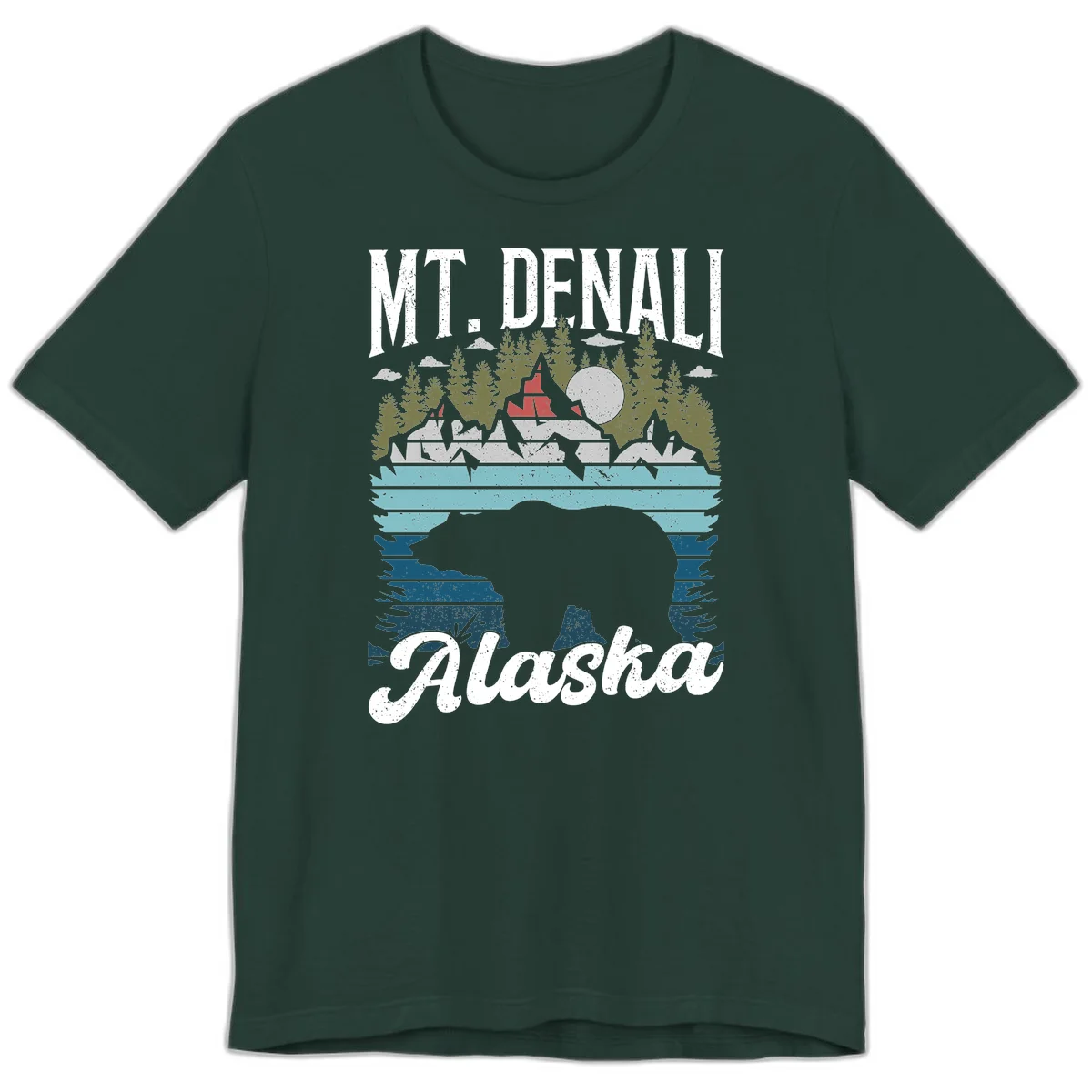 Denali bear Alaska design: layered illustration with silhouetted bear emerging from water, mountain peaks, fortress, forest, and full moon. in Forest