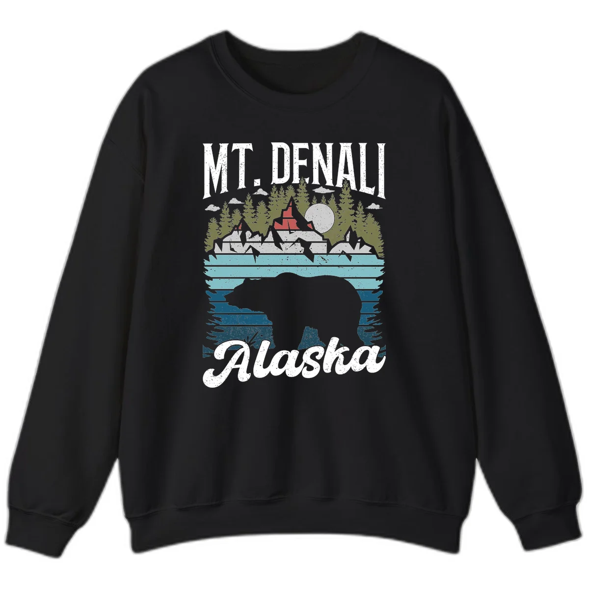 Denali bear Alaska design: layered illustration with silhouetted bear emerging from water, mountain peaks, fortress, forest, and full moon. in Black