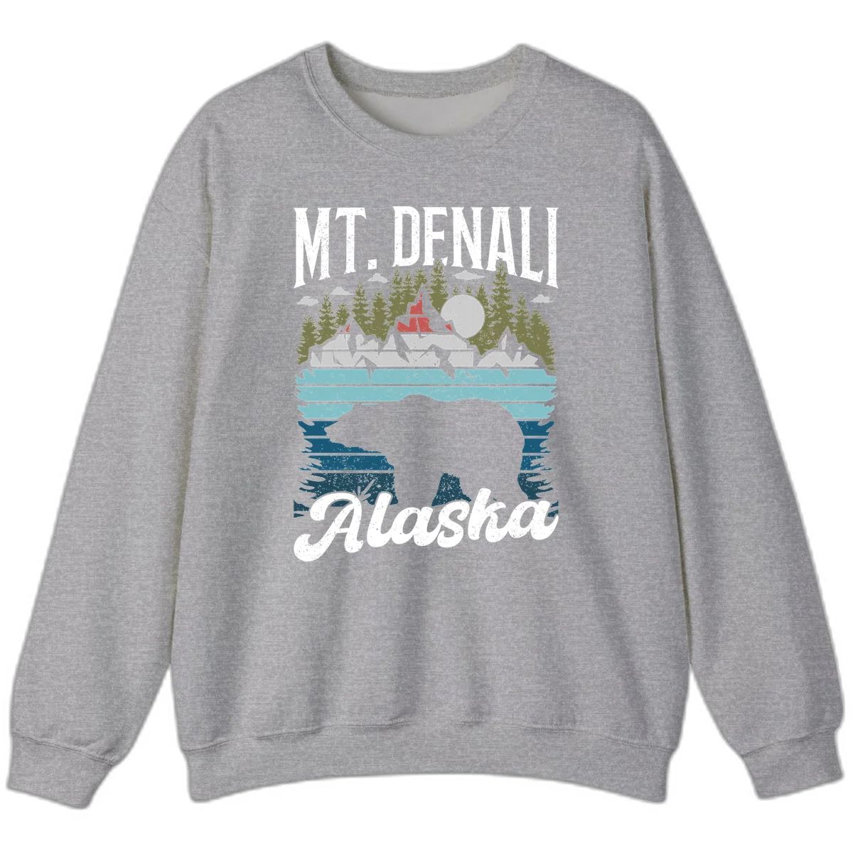 Denali bear Alaska design: layered illustration with silhouetted bear emerging from water, mountain peaks, fortress, forest, and full moon. in Sport Grey