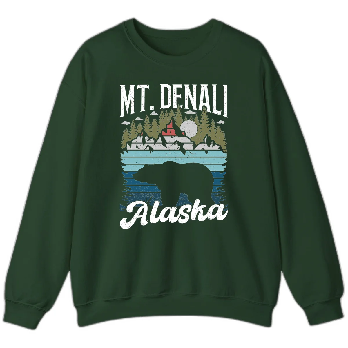 Denali bear Alaska design: layered illustration with silhouetted bear emerging from water, mountain peaks, fortress, forest, and full moon. in Forest Green