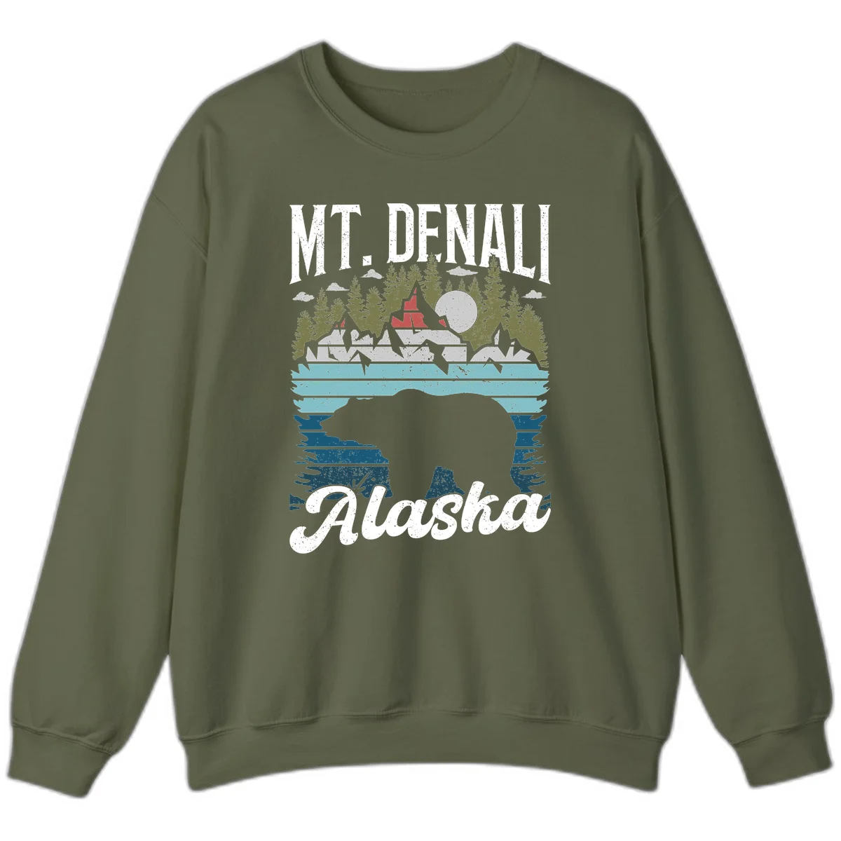 Denali bear Alaska design: layered illustration with silhouetted bear emerging from water, mountain peaks, fortress, forest, and full moon. in Military Green