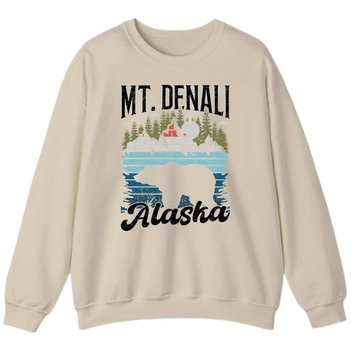 Denali bear Alaska design: layered illustration with silhouetted bear emerging from water, mountain peaks, fortress, forest, and full moon. in Sand