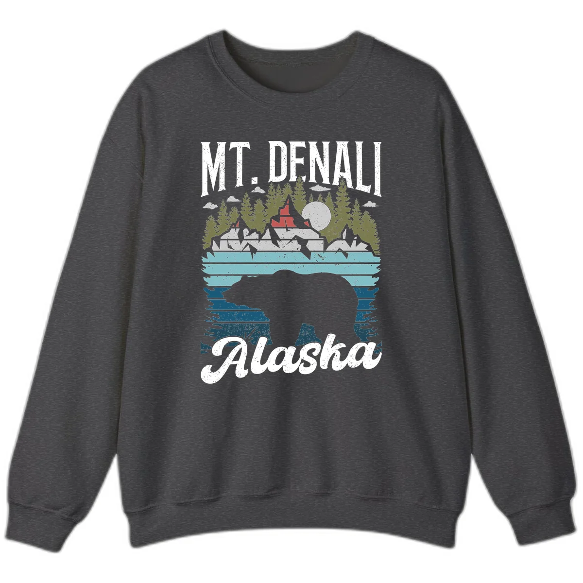 Denali bear Alaska design: layered illustration with silhouetted bear emerging from water, mountain peaks, fortress, forest, and full moon. in Dark Heather