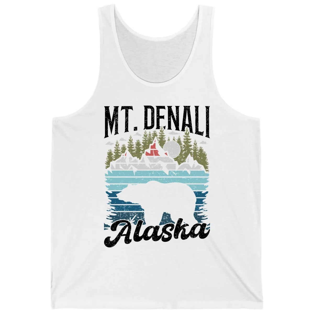 Denali bear Alaska design: layered illustration with silhouetted bear emerging from water, mountain peaks, fortress, forest, and full moon. in White