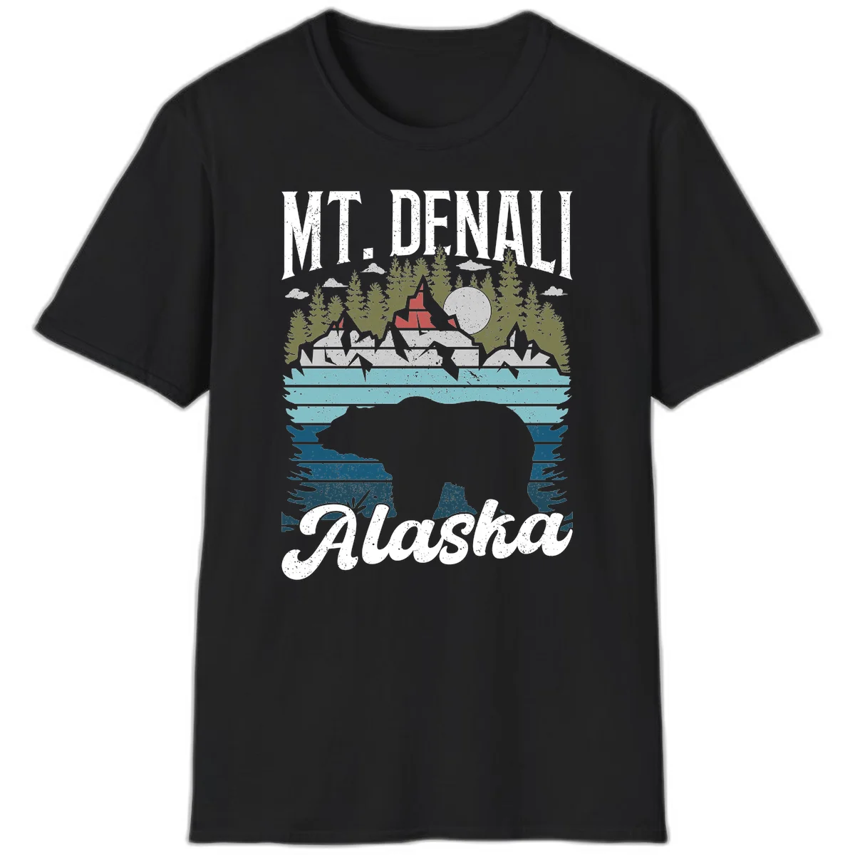 Denali bear Alaska design: layered illustration with silhouetted bear emerging from water, mountain peaks, fortress, forest, and full moon. in Black
