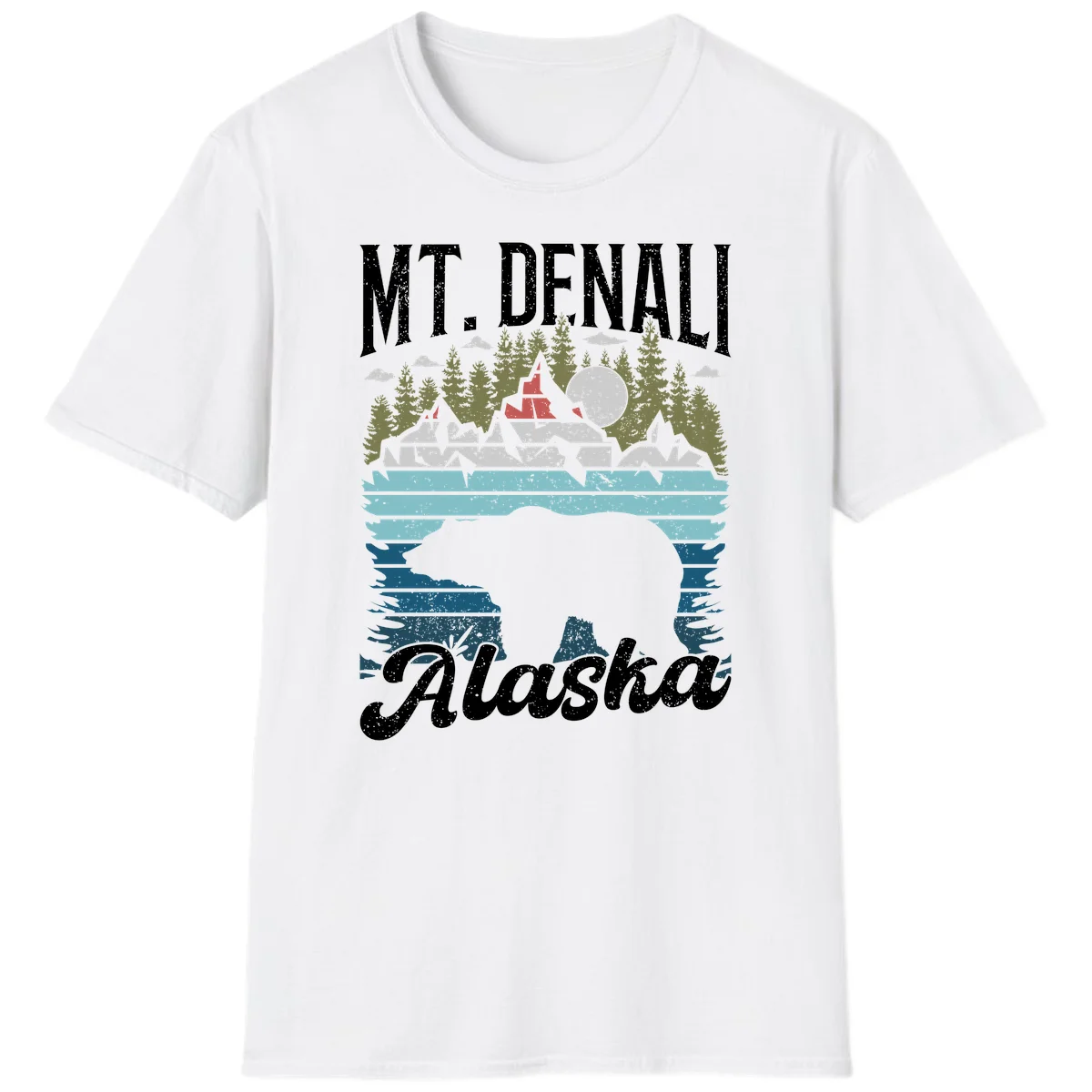 Denali bear Alaska design: layered illustration with silhouetted bear emerging from water, mountain peaks, fortress, forest, and full moon. in White