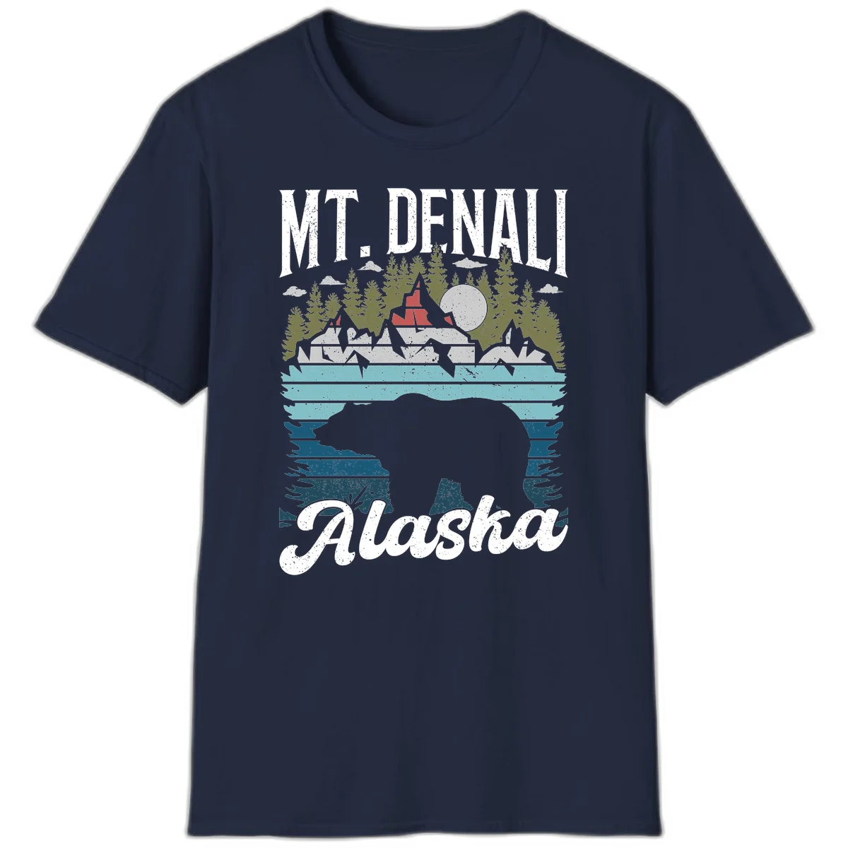 Denali bear Alaska design: layered illustration with silhouetted bear emerging from water, mountain peaks, fortress, forest, and full moon. in Navy
