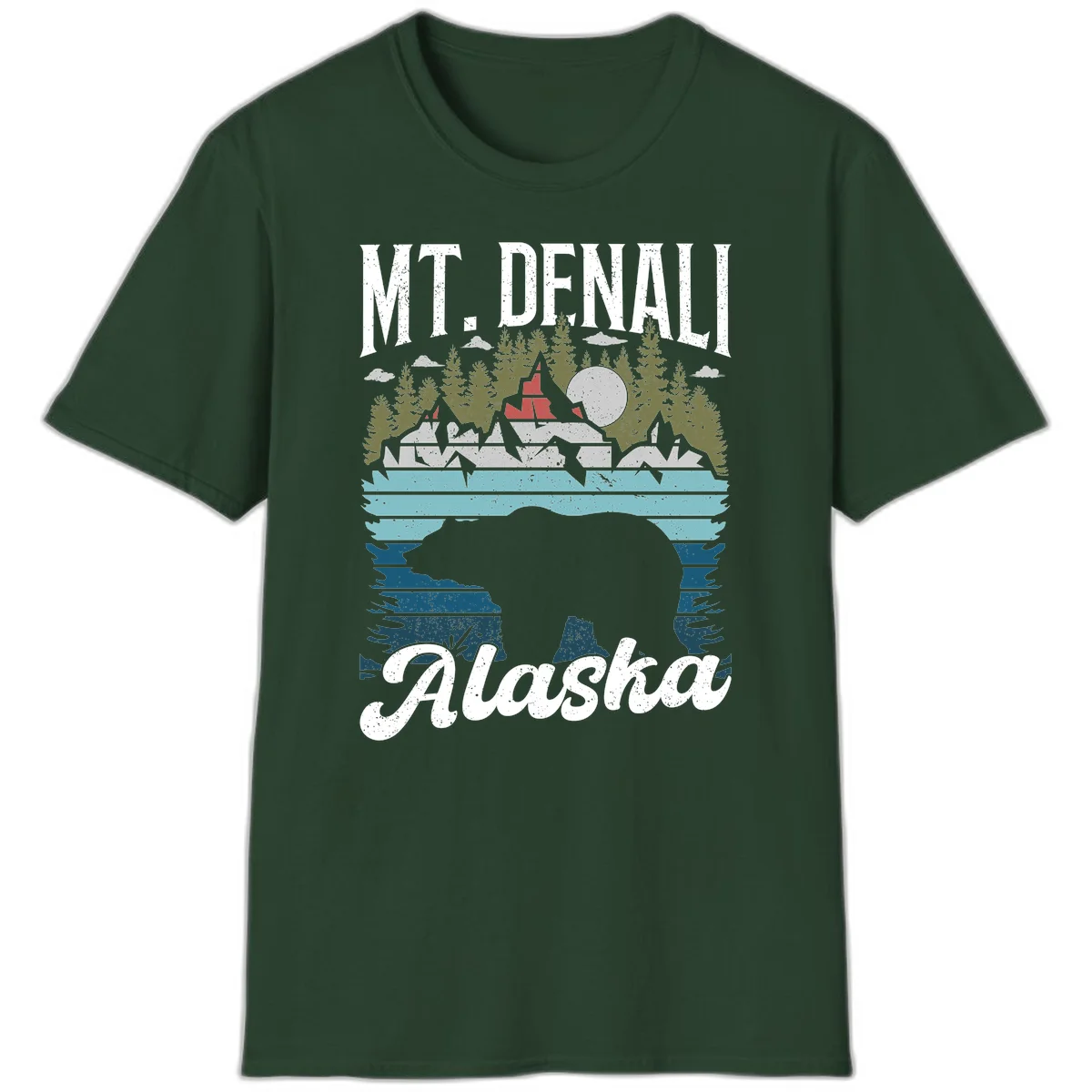 Denali bear Alaska design: layered illustration with silhouetted bear emerging from water, mountain peaks, fortress, forest, and full moon. in Forest Green